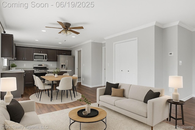 17922 Wingate Dr, Macomb, MI 48042 - living room featuring dark wood-style floors, a ceiling fan, recessed lighting, and crown molding