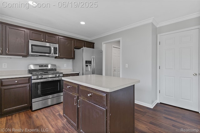 17922 Wingate Dr, Macomb, MI 48042 - kitchen featuring stainless steel appliances, crown molding, dark brown cabinets, dark wood-style flooring, and light countertops