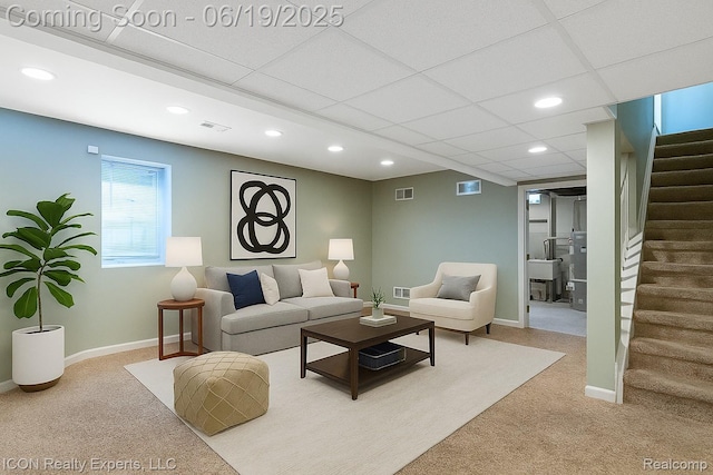 17922 Wingate Dr, Macomb, MI 48042 - living area with carpet floors, stairs, recessed lighting, and a paneled ceiling
