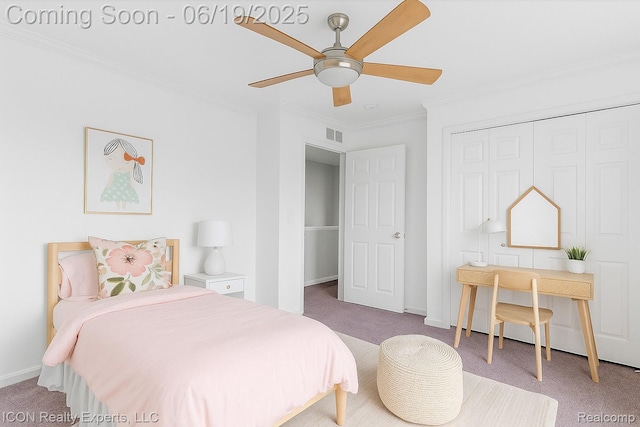 17922 Wingate Dr, Macomb, MI 48042 - carpeted bedroom with ornamental molding, a ceiling fan, and a closet