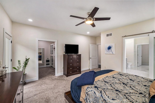 68363 Calvin Center Rd, Cassopolis, MI 49031 - bedroom featuring light colored carpet, recessed lighting, connected bathroom, and ceiling fan