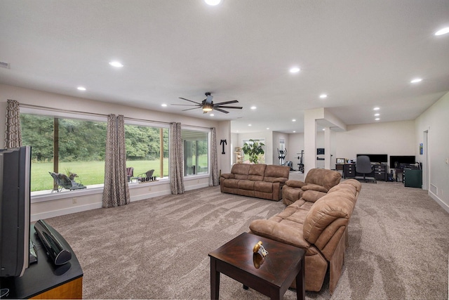 68363 Calvin Center Rd, Cassopolis, MI 49031 - carpeted living room featuring an office area, recessed lighting, and a ceiling fan