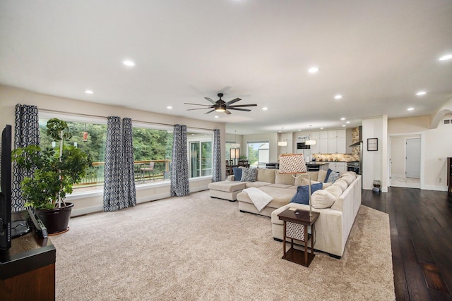 68363 Calvin Center Rd, Cassopolis, MI 49031 - living room featuring recessed lighting, dark wood-style floors, and a ceiling fan