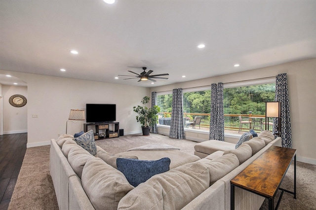 68363 Calvin Center Rd, Cassopolis, MI 49031 - living room with recessed lighting, ceiling fan, arched walkways, and wood finished floors