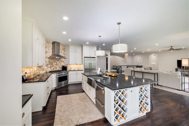 68363 Calvin Center Rd, Cassopolis, MI 49031 - kitchen with wall chimney exhaust hood, high quality appliances, recessed lighting, decorative backsplash, and dark wood-type flooring
