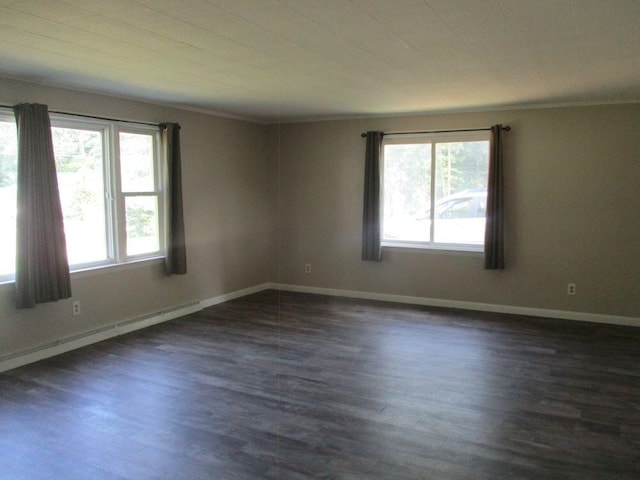 307 John St, Colon, MI 49040 - empty room with plenty of natural light, dark wood-style floors, a baseboard radiator, and ornamental molding