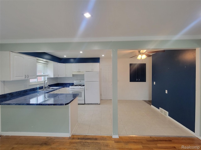 3136 Alden Dr, Sterling Heights, MI 48310 - kitchen featuring white appliances, a peninsula, ceiling fan, white cabinets, and dark stone countertops