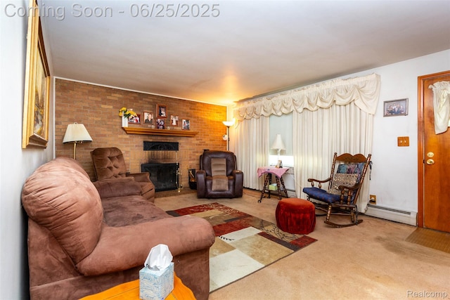 4144 Hillcrest Dr, Warren, MI 48092 - living area with carpet floors, baseboard heating, and a fireplace