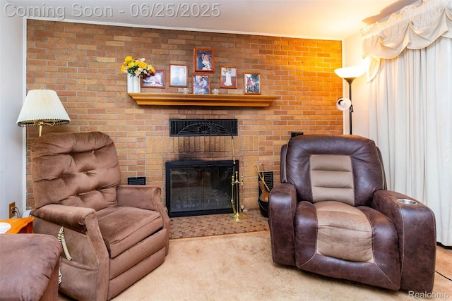 4144 Hillcrest Dr, Warren, MI 48092 - living area featuring carpet flooring, brick wall, and a fireplace