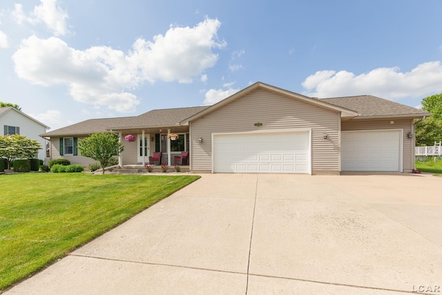 3564 Sapphire Dr, Adrian, MI 49221 - ranch-style house with a garage, concrete driveway, a front yard, a porch, and a shingled roof
