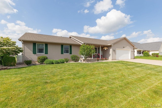 3564 Sapphire Dr, Adrian, MI 49221 - ranch-style home with concrete driveway, a garage, a front lawn, and a porch