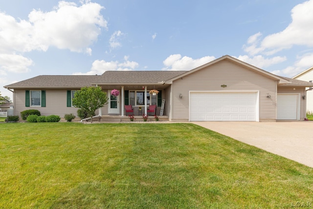 3564 Sapphire Dr, Adrian, MI 49221 - ranch-style house with an attached garage, driveway, a front lawn, and a porch