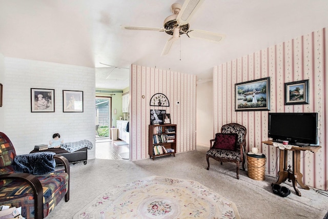 1538 Sheridan Ave, Niles, MI 49120 - carpeted living area featuring ceiling fan and wallpapered walls
