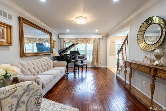 3970 May Center Rd, Lake Orion, MI 48360 - living room with dark wood finished floors, stairway, ornamental molding, and recessed lighting