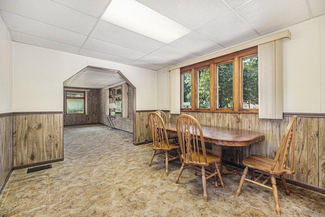 1507 Annie Ave NW, Grand Rapids, MI 49504 - dining space featuring wood walls, a wainscoted wall, a drop ceiling, and carpet flooring