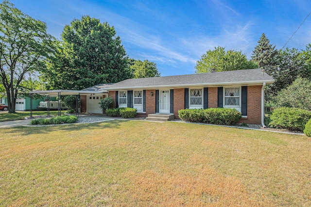 1136 3 Mile Rd NW, Grand Rapids, MI 49544 - ranch-style home featuring a garage, brick siding, a front lawn, and a carport
