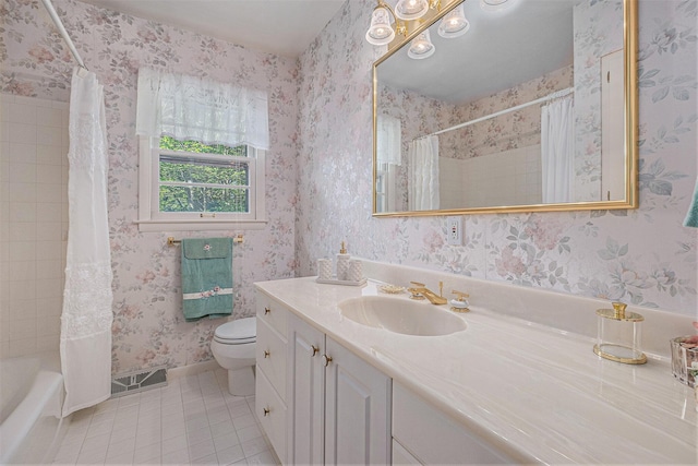 1136 3 Mile Rd NW, Grand Rapids, MI 49544 - bathroom with tile patterned flooring, vanity, wallpapered walls, and shower / tub combo