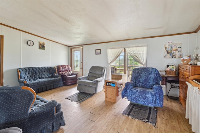 21576 220th Ave, Tustin, MI 49688 - living area with crown molding, light wood-type flooring, a textured ceiling, and vaulted ceiling