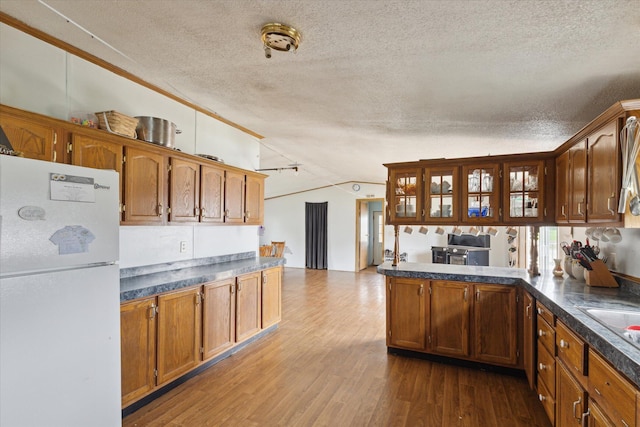 21576 220th Ave, Tustin, MI 49688 - kitchen with freestanding refrigerator, a textured ceiling, dark countertops, lofted ceiling, and dark wood finished floors