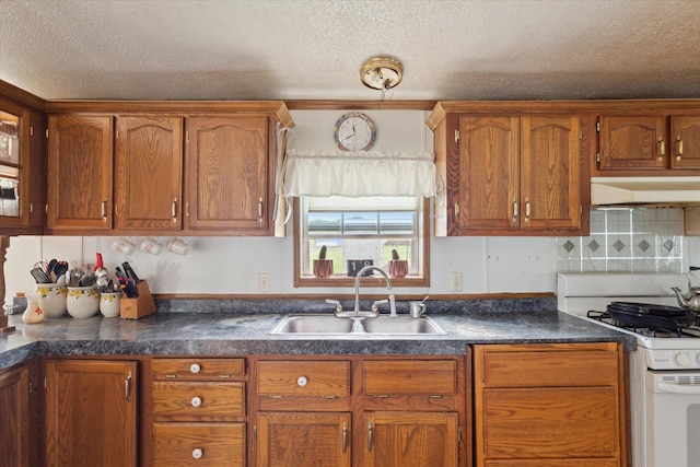 21576 220th Ave, Tustin, MI 49688 - kitchen featuring white gas range oven, under cabinet range hood, brown cabinetry, and a textured ceiling