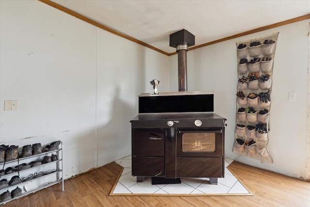 21576 220th Ave, Tustin, MI 49688 - detailed view of ornamental molding, a wood stove, and wood finished floors