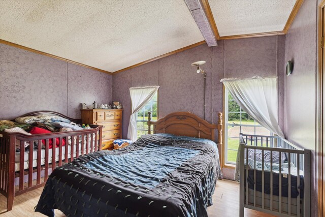 21576 220th Ave, Tustin, MI 49688 - bedroom with ornamental molding, a textured ceiling, and light wood-style floors