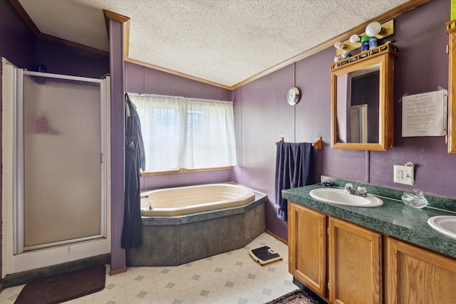 21576 220th Ave, Tustin, MI 49688 - bathroom with ornamental molding, a stall shower, a bath, lofted ceiling, and a textured ceiling