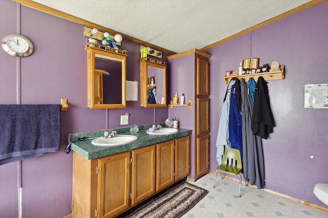 21576 220th Ave, Tustin, MI 49688 - full bathroom featuring ornamental molding, a textured ceiling, double vanity, and tile patterned floors