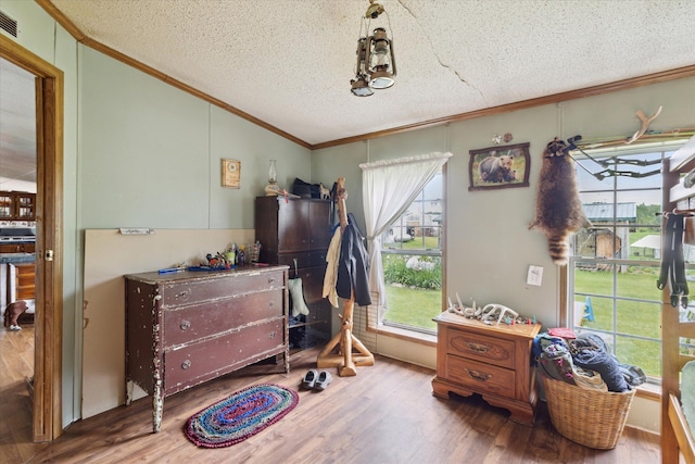 21576 220th Ave, Tustin, MI 49688 - bedroom featuring vaulted ceiling, ornamental molding, wood finished floors, a textured ceiling, and multiple windows