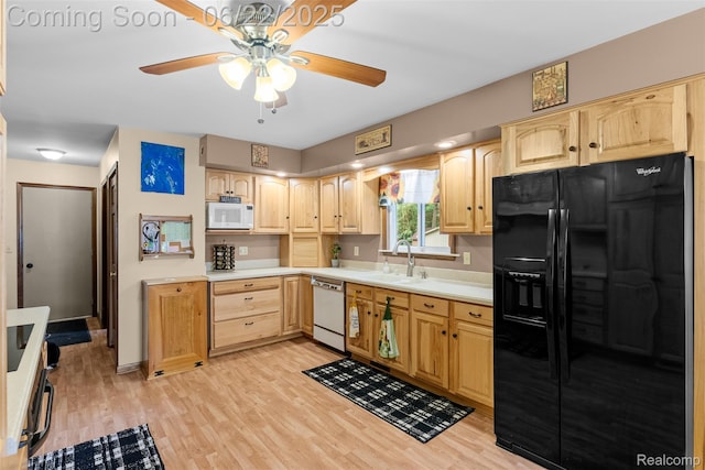 13256 Pine Valley Dr, Clio, MI 48420 - kitchen featuring white appliances, light brown cabinetry, ceiling fan, and light countertops