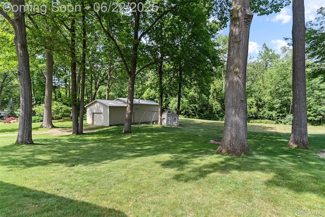 13256 Pine Valley Dr, Clio, MI 48420 - view of green lawn with a garage and a storage unit