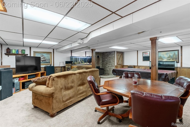 13256 Pine Valley Dr, Clio, MI 48420 - dining room with a paneled ceiling, carpet, billiards table, and a wood stove