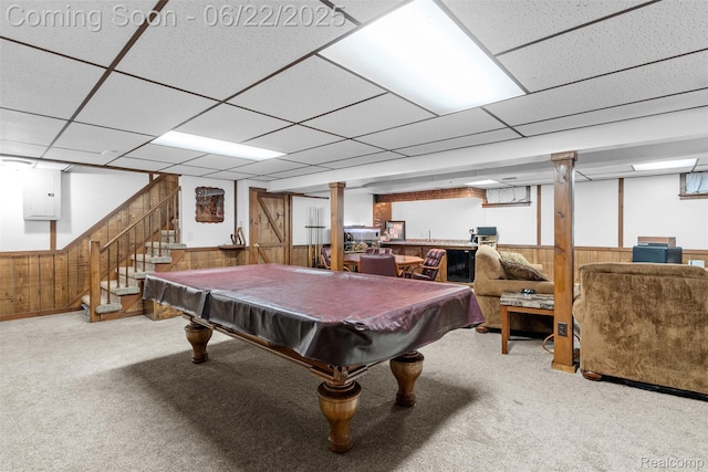 13256 Pine Valley Dr, Clio, MI 48420 - game room with wooden walls, carpet, electric panel, billiards table, and a paneled ceiling