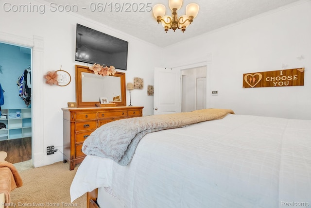 727 Minnie St, Port Huron, MI 48060 - bedroom with a walk in closet, a chandelier, light carpet, a closet, and ornamental molding