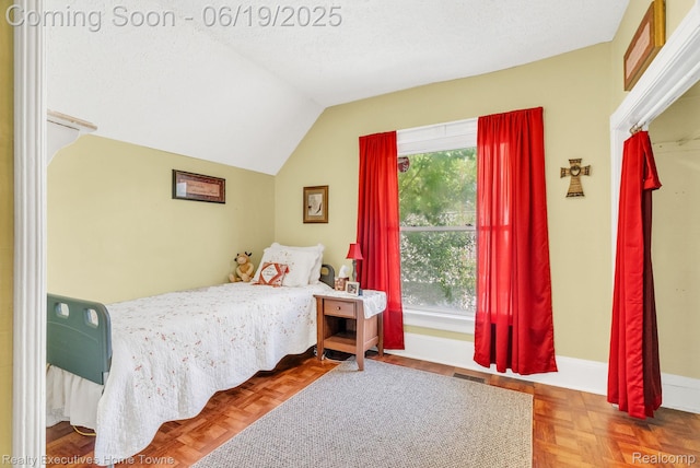 727 Minnie St, Port Huron, MI 48060 - bedroom with multiple windows, lofted ceiling, and a textured ceiling