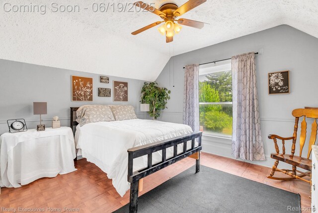 727 Minnie St, Port Huron, MI 48060 - bedroom with vaulted ceiling, a textured ceiling, and a ceiling fan