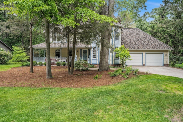4686 Doug Dr, Whitehall, MI 49461 - view of front of house with an attached garage, a front lawn, concrete driveway, a porch, and a shingled roof