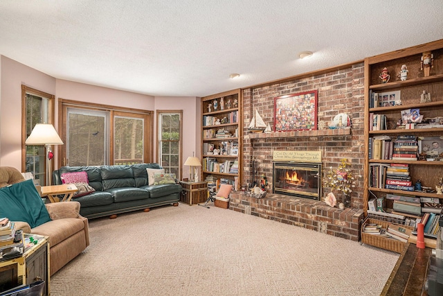4686 Doug Dr, Whitehall, MI 49461 - carpeted living area with a fireplace, a textured ceiling, and built in features