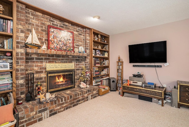 4686 Doug Dr, Whitehall, MI 49461 - carpeted living room featuring a fireplace and a textured ceiling