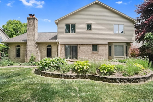 2942 Bywater Dr, Troy, MI 48085 - rear view of house featuring brick siding, a lawn, a chimney, and a shingled roof