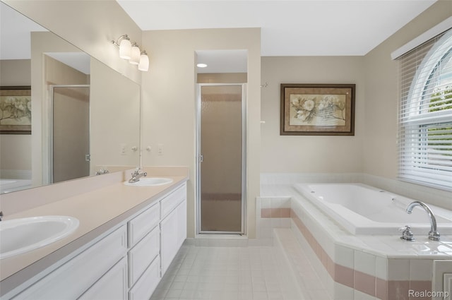 2942 Bywater Dr, Troy, MI 48085 - full bathroom with a shower stall, a bath, double vanity, and tile patterned floors
