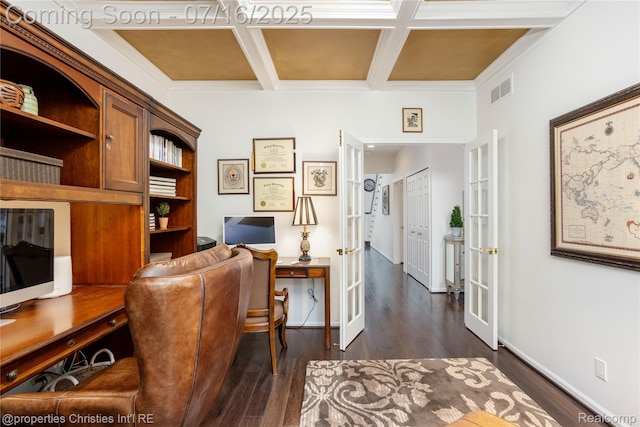 22080 Chase Dr, Novi, MI 48375 - office space featuring coffered ceiling, dark wood-style floors, beam ceiling, french doors, and crown molding
