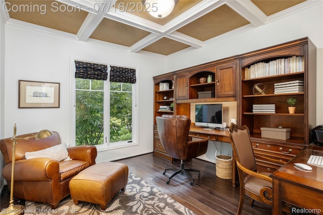 22080 Chase Dr, Novi, MI 48375 - office with dark wood-type flooring, coffered ceiling, beam ceiling, ornamental molding, and built in desk