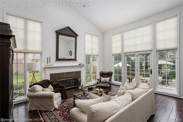 22080 Chase Dr, Novi, MI 48375 - living room featuring vaulted ceiling, a fireplace, and dark wood-style floors