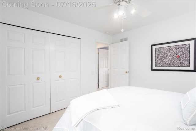 22080 Chase Dr, Novi, MI 48375 - bedroom featuring a closet, light colored carpet, and a ceiling fan