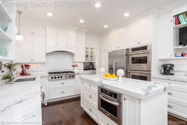 22080 Chase Dr, Novi, MI 48375 - kitchen with open shelves, stainless steel appliances, white cabinetry, decorative backsplash, and recessed lighting