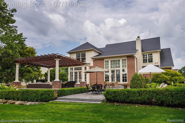 22080 Chase Dr, Novi, MI 48375 - rear view of property featuring a pergola, a chimney, a patio, brick siding, and a lawn