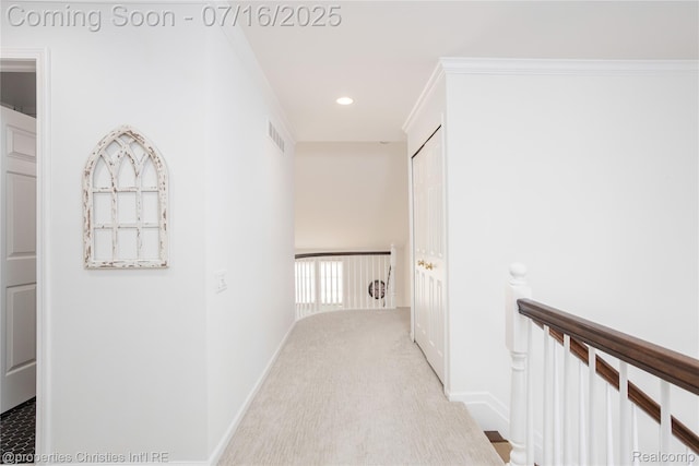 22080 Chase Dr, Novi, MI 48375 - hallway with an upstairs landing, carpet, recessed lighting, and crown molding