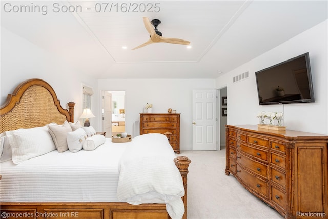 22080 Chase Dr, Novi, MI 48375 - bedroom featuring light carpet, ensuite bath, and ceiling fan