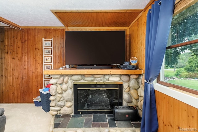 5045 Baldwin Rd, Swartz Creek, MI 48473 - detailed view of wooden walls and a stone fireplace